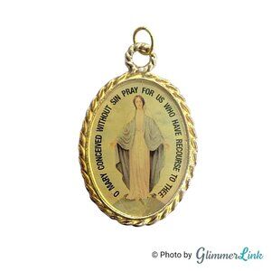 Vintage Miraculous Medal Virgin Mary Religious Oval Catholic Gold Tone Pendant